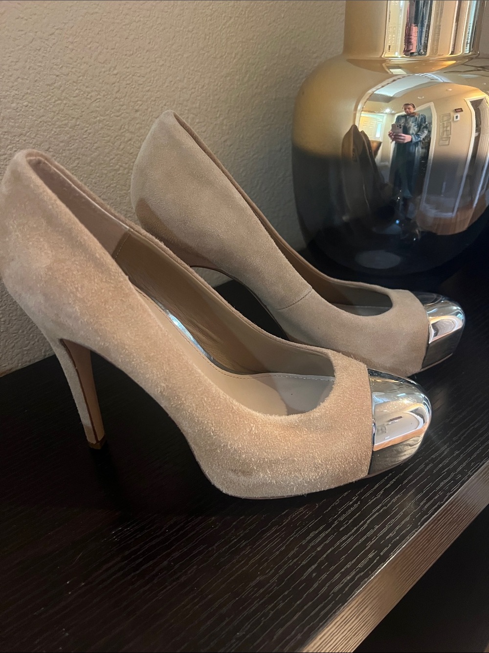 Beige Suede Platform Pumps with Silver Toe Cap